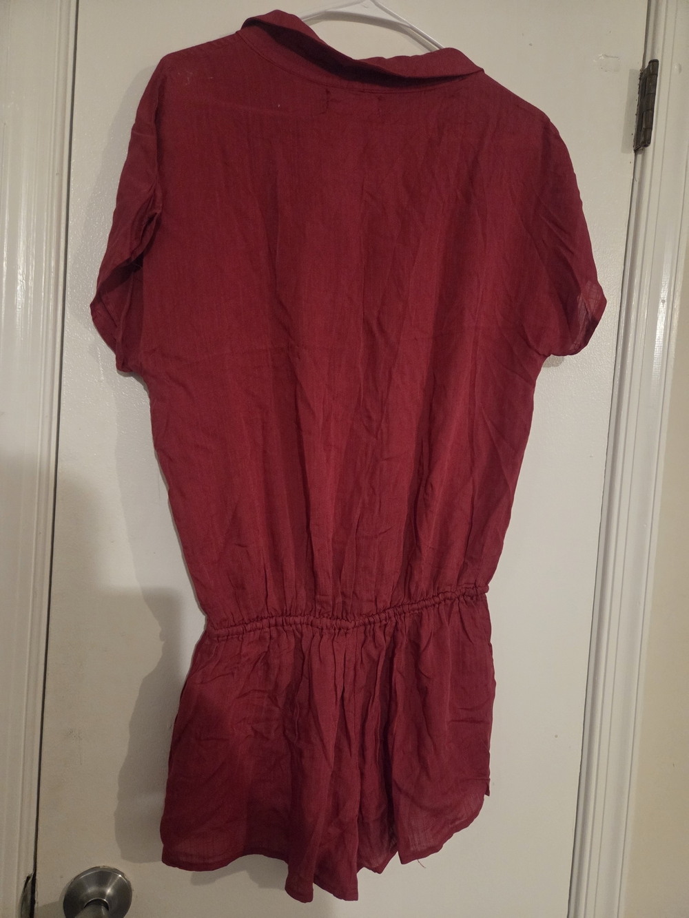 Mustard Seed Short Sleeve Red Button-Front Romper with Drawstring - Picture 5 of 5
